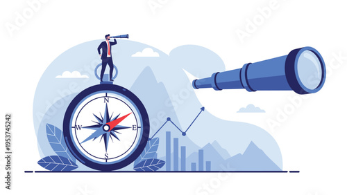 Visionary leader standing on a large compass while using a telescope to navigate toward business goals and upward financial trends.