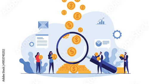 Professional team analyzing financial income and investments through a giant magnifying glass as gold coins fall from the sky.