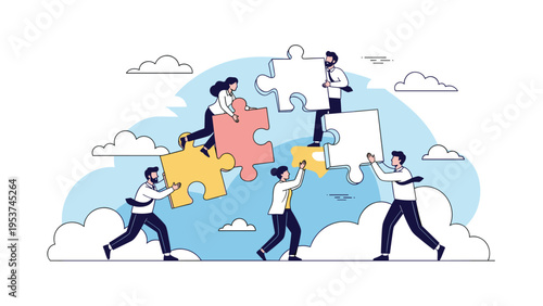 Group of business professionals working together to assemble large puzzle pieces representing teamwork and collaborative problem solving.