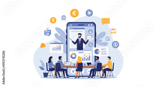 Business people attending a professional online training session through a large smartphone screen featuring a speaker and financial charts.