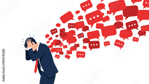 Stressed businessman overwhelmed by excessive communication and social media notifications represented by numerous red speech bubbles.