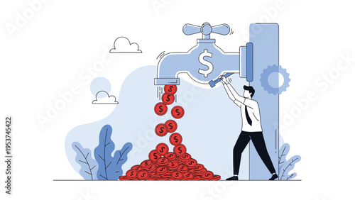 Businessman operating a massive faucet with a dollar sign to control the flow of income and financial resources into a coin pile.