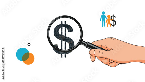 Detailed financial inspection and family budgeting represented by a hand holding a magnifying glass over a large dollar sign.