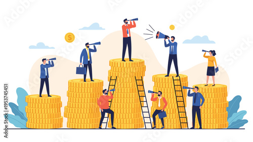 Group of business people on varying stacks of gold coins using telescopes and megaphones to monitor the market and communicate vision.