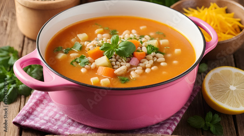 Close-up of nourishing soup in pink pan with ingredients on wooden table