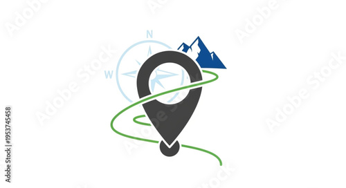 Navigation and Exploration - A Journey Symbolized by Compass, Mountain, and Location Pin.