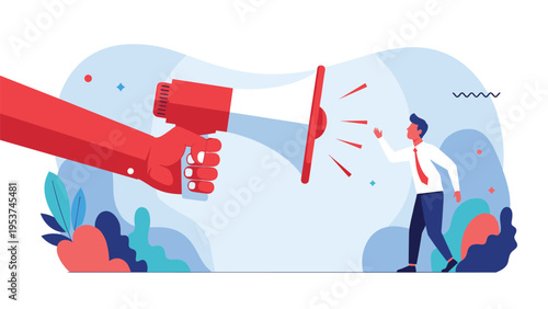Illustration of corporate pressure or direct communication where a giant hand holds a megaphone toward a small businessman.