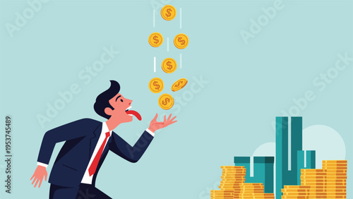 Humorous illustration of a greedy businessman trying to catch falling gold coins with his tongue and mouth representing profit.
