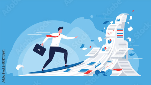 Skillful businessman surfing on a massive wave of paperwork and financial reports representing efficient document management.
