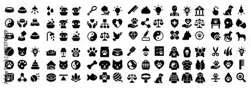 Pet care icons with paw bowl collar minimal