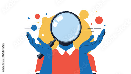 Conceptual illustration of a person with a giant magnifying glass for a head representing deep research and analytical thinking.