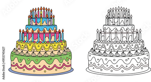 Large Colorful Multi-Tiered Birthday Cake with Many Candles Vector Illustration and Black and White Line Art Outline for Kids Coloring Book Page Celebration and Party Graphic Design