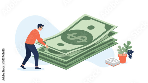 Determined individual lifting a massive stack of green dollar bills representing the accumulation and management of great wealth.