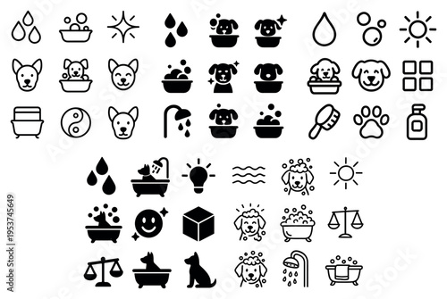 Pet care icons with dog bath paw minimal