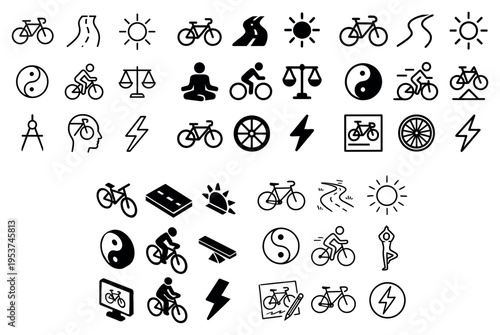 Cycling icons with bicycle and road simple