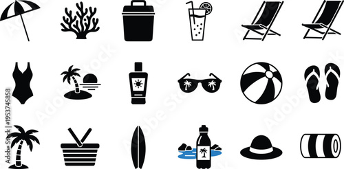 Summer beach vacation elements collection with flat vector icons of palm tree, surfboard, sunglasses, sunscreen, flip flops, swimwear, beach ball