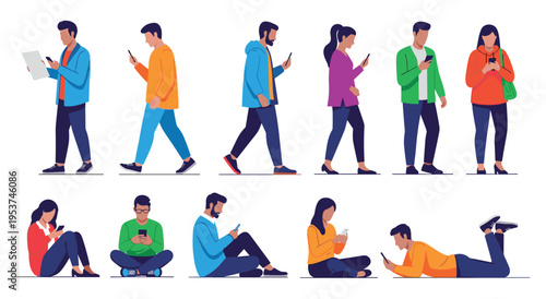 People holding and using smartphones, group of characters with gadgets
