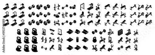 Fitness icons with dumbbell kettlebell treadmill flat