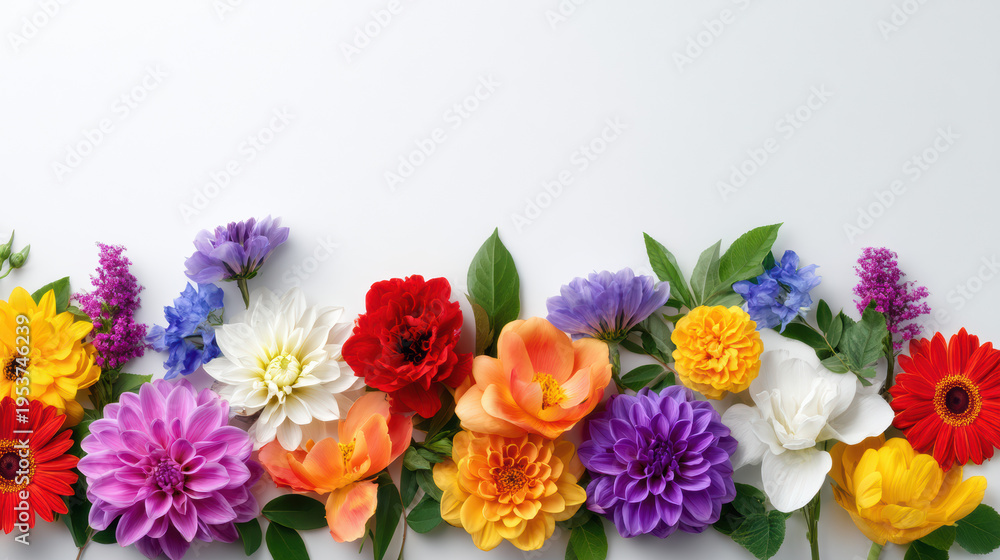 Obraz premium An assortment of colorful blooming flowers including gerbera daisies and dahlias are arranged along the bottom edge of a bright white background with leaves.