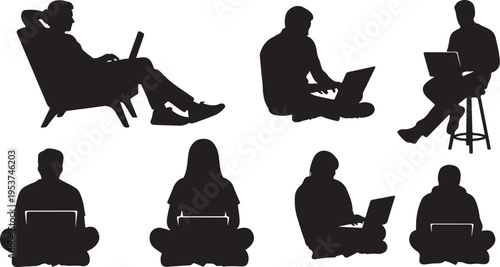Silhouettes of people working on laptops comfortably