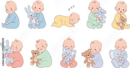 Cute Baby Characters Set with Plush Toys Sleeping Playing and Hugging Teddy Bear Bunny and Elephant for Nursery Design and Childhood Illustration Collection.