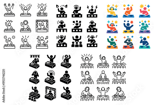 Music icons with dj deck and crowd colorful flat