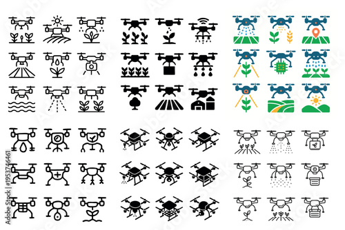 Agriculture icons with drone plant field flat