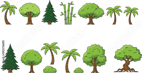 A collection of various cartoon style trees and bushes isolated on a plain white background area Vector