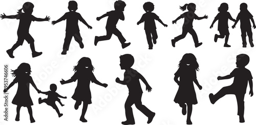 Silhouettes of children playing and running together freely