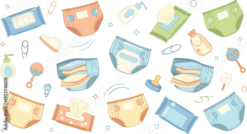 Baby Diaper and Hygiene Essentials Vector Set with Wipes Bottles Pacifier Safety Pins and Infant Care Accessories for Nursery Design and Parenting Illustration.