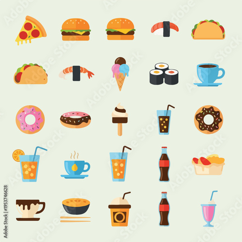 Assortment of illustrated food and beverages on a light green background