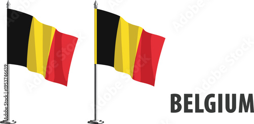 Belgium National Flag Vector Illustration Set Featuring Waving Small Desk Flags On Silver Poles Isolated On White, 17 words.