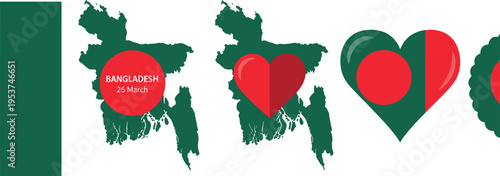 Bangladesh Independence Day Vector Set Featuring Map Silhouette Heart Shape And National Flag Elements On White Background, 17 words.
