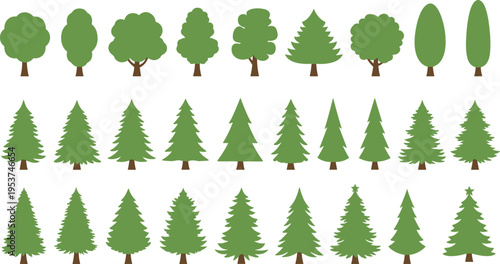 A collection of various green tree silhouettes arranged in rows for graphic design projects Vector