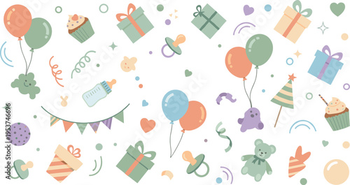 Colorful Baby Shower Celebration Pattern with Balloons Gifts Cupcakes Pacifiers and Decorative Elements for Party Invitation Background and Festive Design.