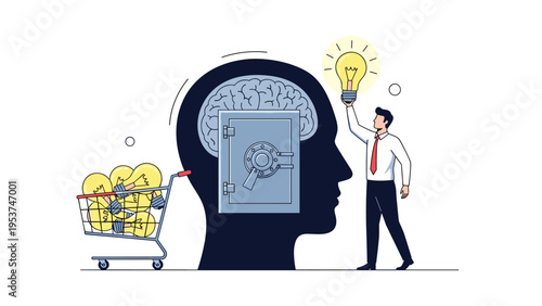 Man placing a lightbulb into a head silhouette with a safe and brain represents the protection of creative ideas and intellectual property.