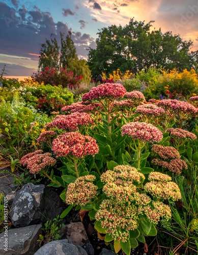 Lush garden bed bursting with colorful blooms under a sunset sky