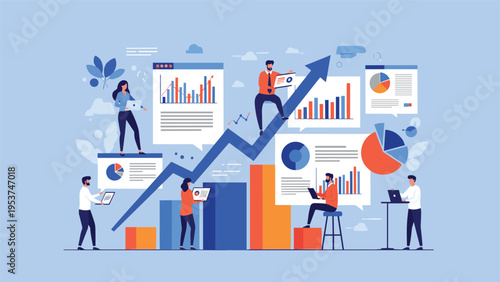 Collaborative business team working together with various data charts and a rising arrow signifies company growth and shared success.