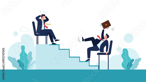 Competitive business environment showing two men on a staircase of chairs where one person is falling down representing career failure.