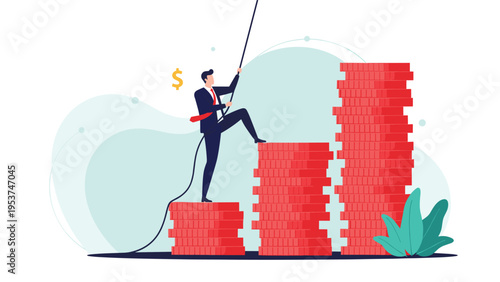 Businessman using a rope to climb up large stacks of red coins represents the difficult and persistent journey towards financial success.