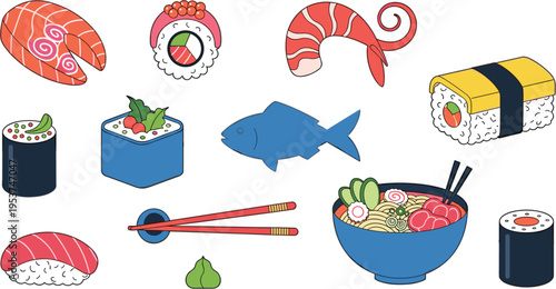 Japanese sushi and food collection with nigiri rolls ramen chopsticks fish and traditional cuisine vector illustration set