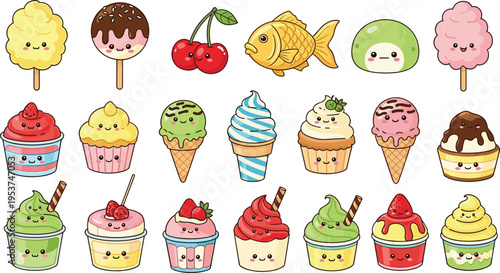 Cute dessert and sweets collection with ice cream cupcakes popsicles and candies kawaii cartoon vector illustration set