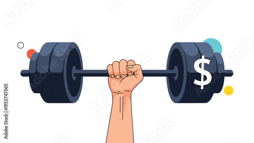 Strong human arm lifting a heavy barbell with a dollar sign symbol on the weights represents financial strength and economic resilience.