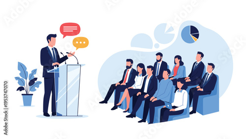 Speaker standing at a podium and addressing a large audience during a business seminar or conference with data visualization charts.