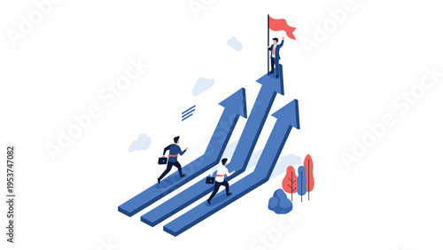 Three business people running up separate rising arrows where the leader holds a flag represents healthy competition and business success.