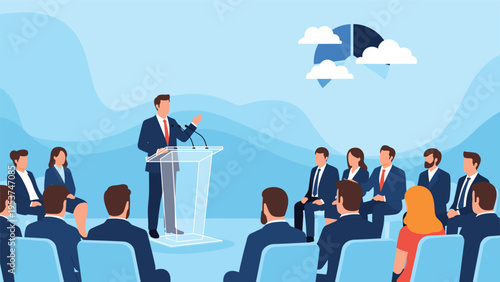 Confident male speaker delivering a presentation at a podium to a seated audience represents public speaking and corporate training.