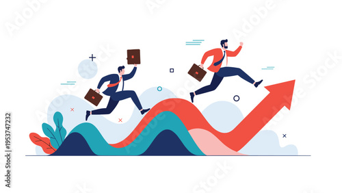 Two energetic businessmen running up a wavy growth chart with a large red arrow represents the competitive race for market share.