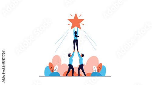 Team of three people working together to reach a large orange star symbol represents collective achievement and striving for excellence.