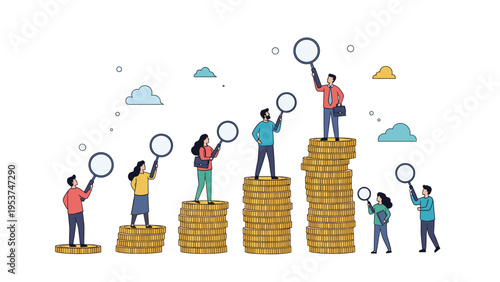 Group of people standing on different heights of coin stacks while using magnifying glasses to inspect wealth represents financial auditing.