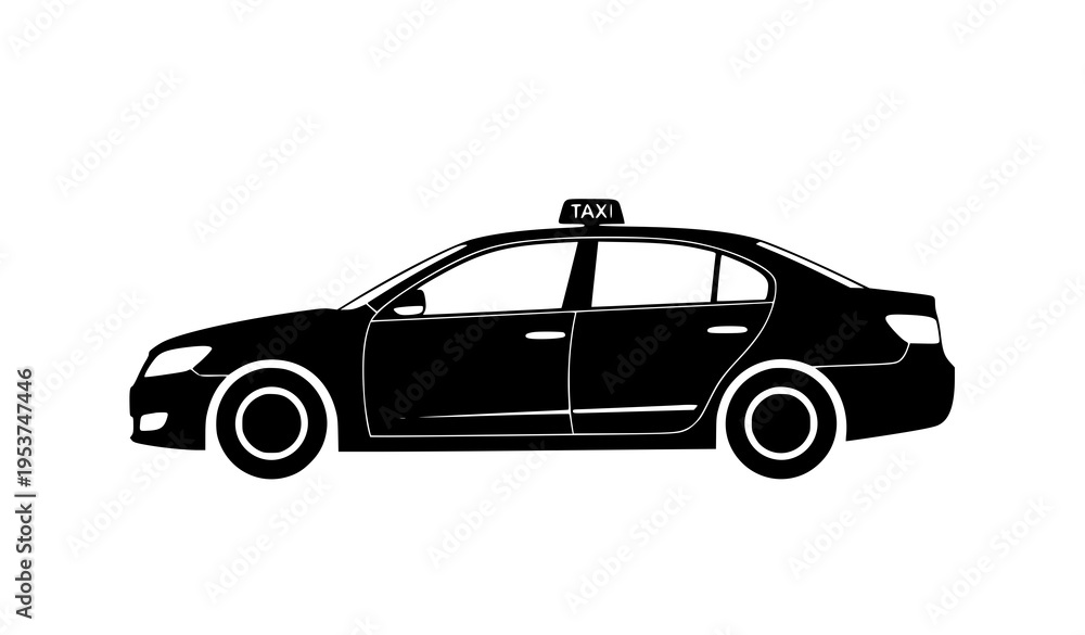 Fototapeta premium Taxi car side view black silhouette vector illustration classic cab vehicle isolated on white background